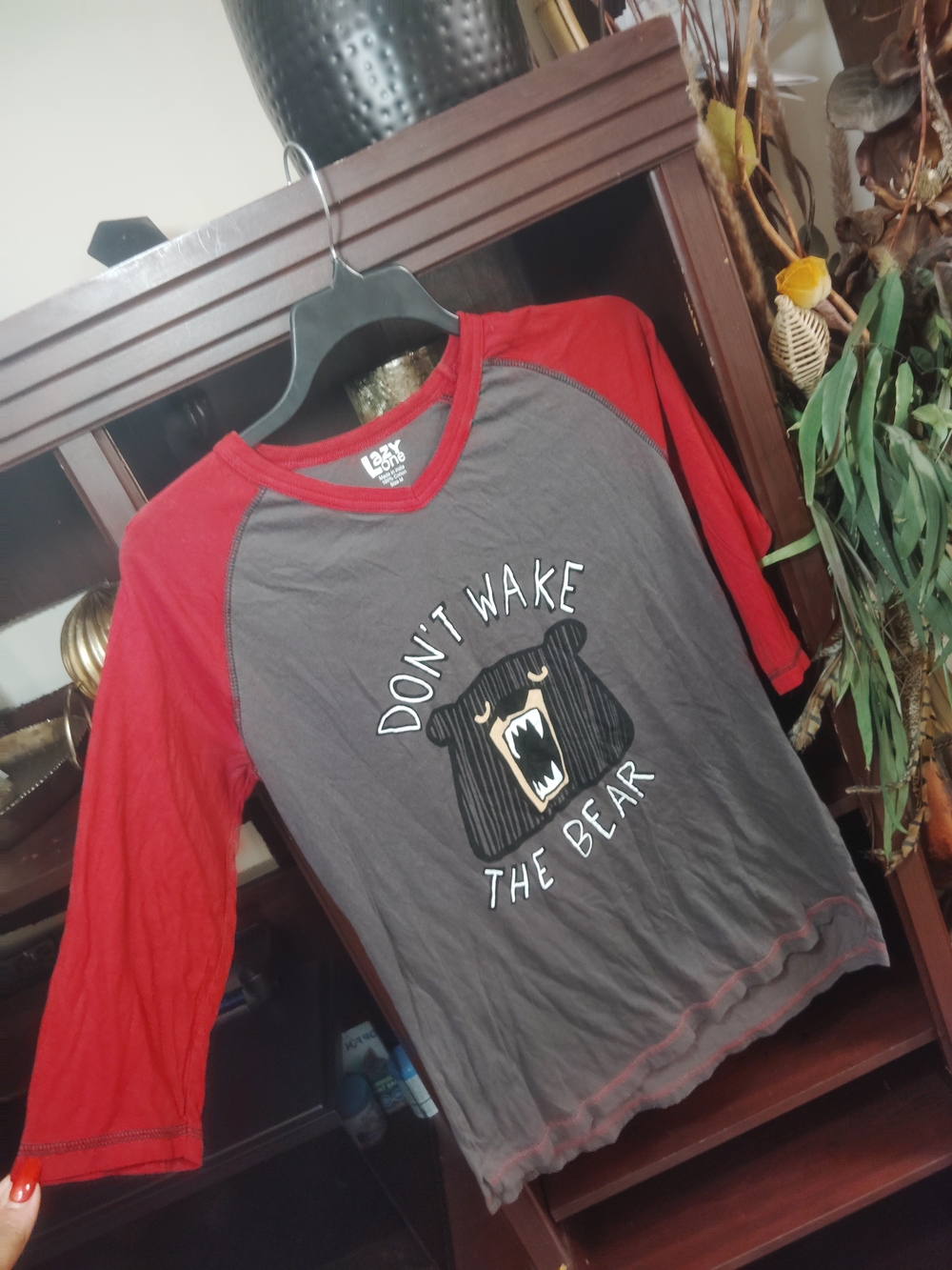 Lazy One Don't Wake The Bear Raglan Tee - Red & Gray